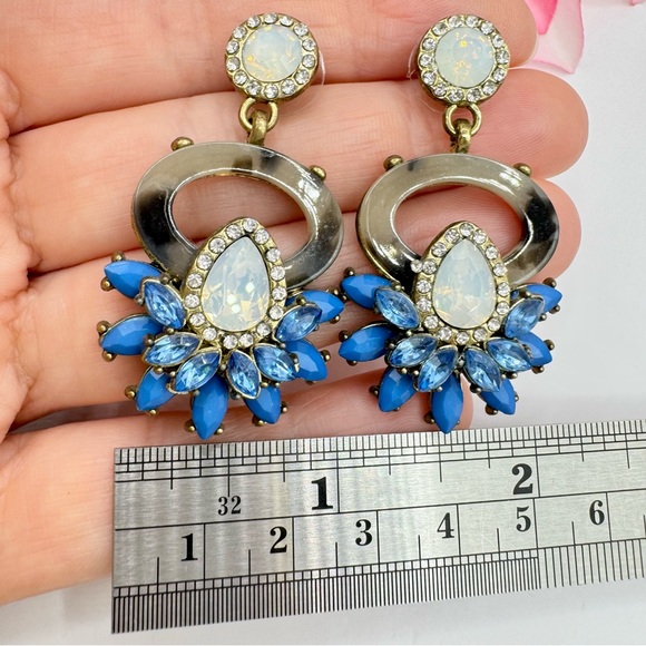 Rhinestone Cluster Drop Earrings Dimensional Blue White Tortoiseshell Regency - Picture 7 of 9